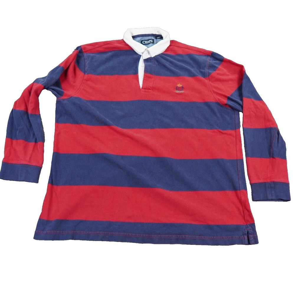 Chaps Mens XL Rugby Shirt Red Navy Stripe Crest Logo Cotton Preppy Collegiate